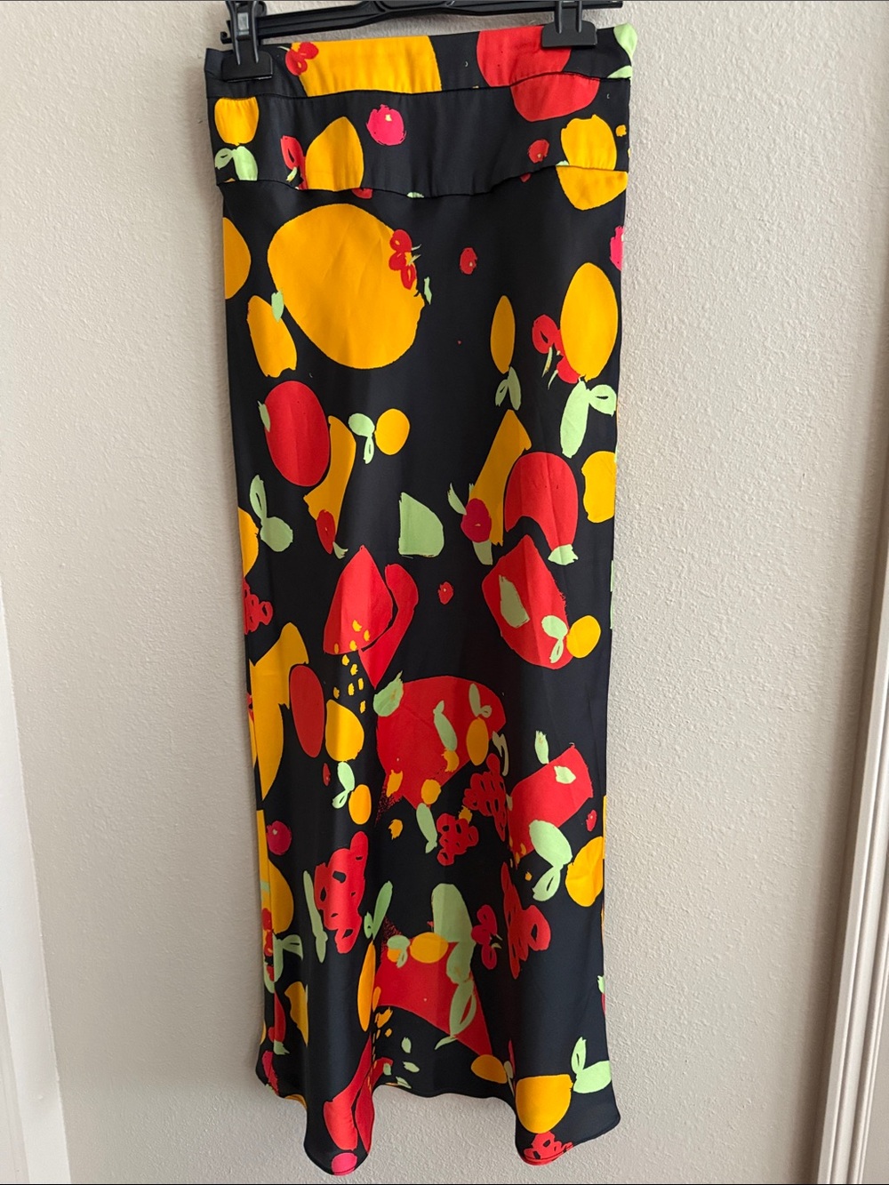 Free People Black Maxi Skirt with Bold Red, Yellow & Mint Fruit Print
